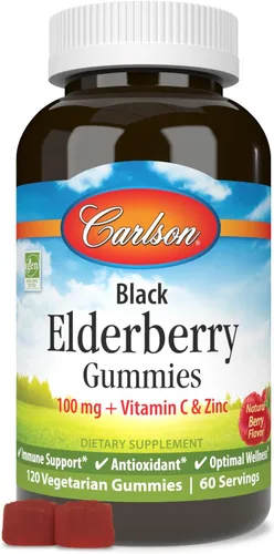 Carlson - Gomitas de saúco negro, con vitamina C y zinc, apoyo inmunológico, 120 gomitas