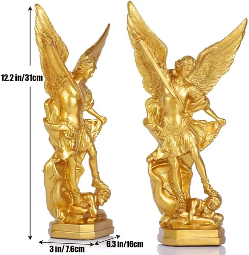 Miniatura 2 de Estatua de San Miguel Arcángel de 31.8 cm en oro, estatua de San Miguel en resina, colección de figuritas del Arcángel Miguel vitoriosamente sobre