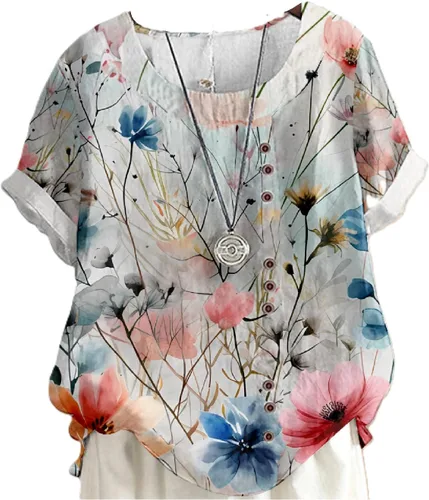 Miniatura 16 de domirica Camisetas de verano para mujer 2024 con estampado de flores, algodón, lino, manga corta, cuello redondo, camisas casuales de moda