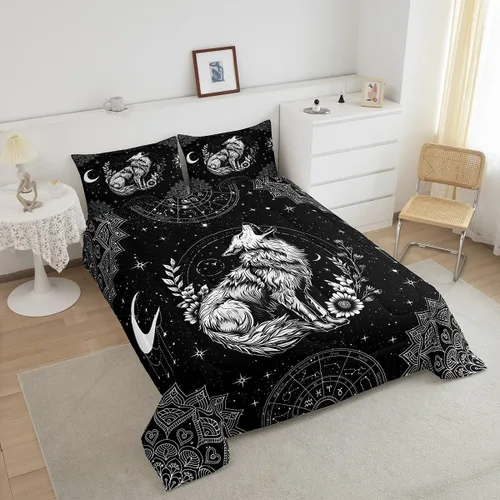 Miniatura 3 de Castle Fairy Juego de edredón tamaño twin con lobo, animales salvajes y plantas, exótico, bohemio, loto misterioso, colección de cama suave