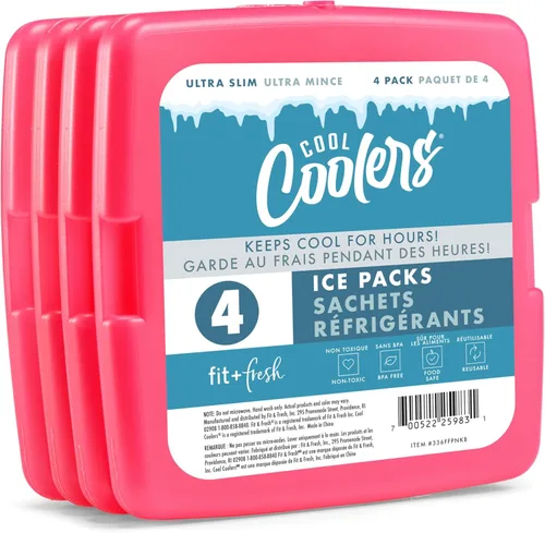 Cool Coolers de Fit & Fresh - Paquete de 4 bolsas de hielo delgadas, paquetes de hielo reutilizables de congelación rápida que ahorran espacio para