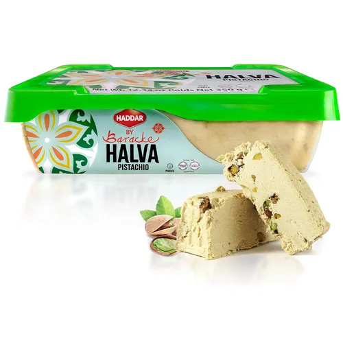 Haddar by Baracke Pistachio Halva de alta calidad, 12.34 onzas, un postre de pasta de semillas de sésamo fino hecho con tahini, sin gluten, vegano,