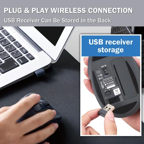 Miniatura 9 de ELECOM Ratón inalámbrico de forma ergonómica, 2.4 GHz con mini receptor USB, clic silencioso, mano derecha 2000 DPI, 5 botones, sensor optocal, Negro