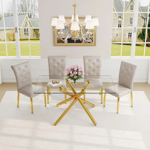 Miniatura 33 de Juego de mesa de comedor moderna para mesa de comedor negra de 4,63 pulgadas, juego de 4 con patas de metal dorado, mesa de cocina rectangular