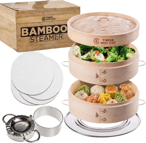Miniatura 7 de Cesta para cocinar al vapor de bambú de 25 cm, 2 niveles, con mango, adaptador de anillo, forro de silicona reutilizable, kit para cocinar