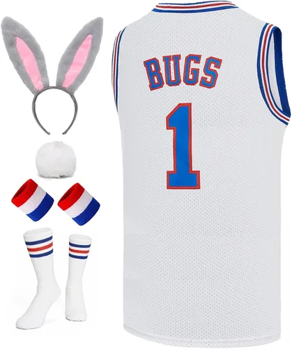 Pltoquk Camiseta de baloncesto para hombre Bugs #1 Space Movie Jersey Hip Hop Sports Shirt Halloween Party #1 Blanco XS-XXL