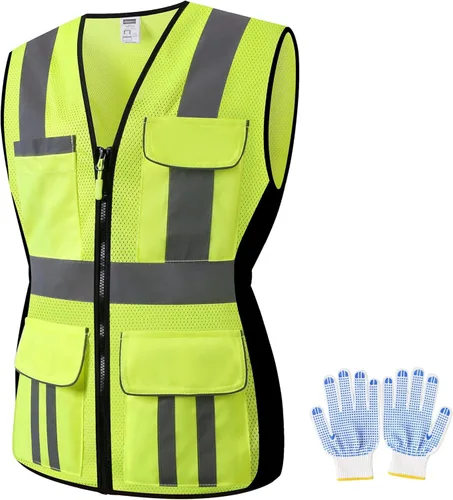 Miniatura 14 de Chaleco de seguridad para mujer, múltiples bolsillos, de alta visibilidad, reflectante, malla transpirable, chaleco de trabajo para dama, cremallera