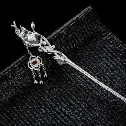 Hotan Jade S925 - Horquilla chapada en plata con perla y flor de ciruelo, palillos de pelo estilo Hanfu chino, estilo retro hecho a mano, accesorios