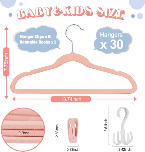 Miniatura 2 de Tinfol Perchas de terciopelo para niños, paquete de 30 perchas antideslizantes de 14 pulgadas para armario, colgador de fieltro ultra fino con 6