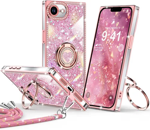 Miniatura 61 de XYZ Funda para iPhone 13, con purpurina brillante con soporte de corazón de 2 anillos y cordón, funda protectora a prueba de golpes con diamantes