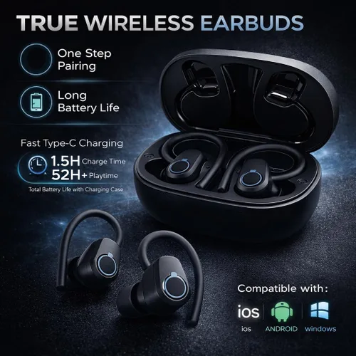 Miniatura 2 de Auriculares inalámbricos Bluetooth 5.3 con ganchos para los oídos, pantalla de alimentación LED de 52 horas de reproducción, IPX7 impermeables