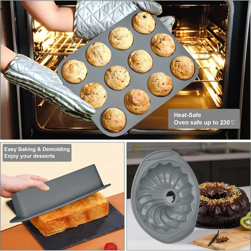 Miniatura 6 de Moldes de silicona antiadherente 9 en 1 para hornear pasteles Bundt, bandeja para galletas, moldes, bandeja resistente al calor, kit de herramientas