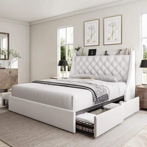 Miniatura 13 de GalnFu Marco de cama de tamaño completo con 4 cajones de almacenamiento, cabecera tapizada grande tipo wingback, estación de carga rápida,