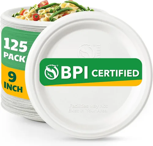 Miniatura 10 de Biodegradable Bagasse - 125 platos de papel compostables, platos desechables resistentes de 6 pulgadas, platos de postre a granel para fiestas