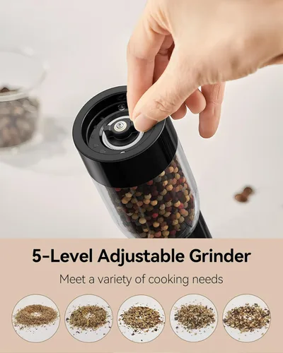 Miniatura 5 de TOMEEM Juego de molinillo eléctrico de sal y pimienta, recargable con indicador de alimentación LED, molienda ajustable de 5 niveles, luz LED, Negro