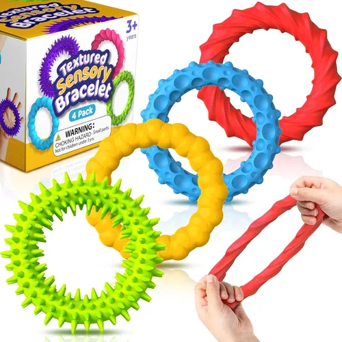 Juguetes Sensoriales Fidget para Niños y Adultos - Paquete de 4 Pulseras Fidget Elásticas | Juguetes Sensoriales de Textura y Calmantes para Autismo
