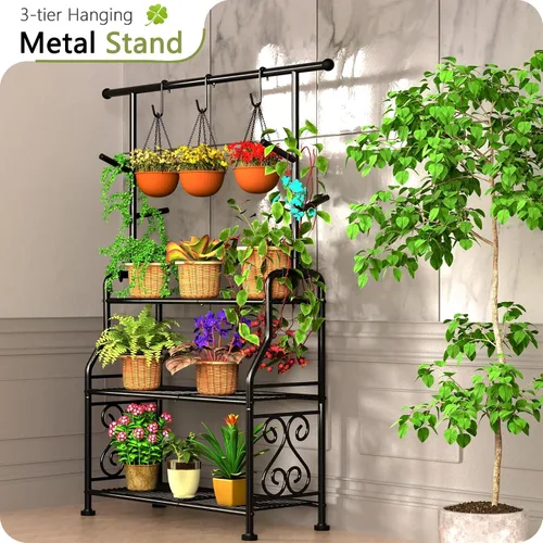Miniatura 4 de GIOTORENT Soporte para plantas de interior, estante de metal resistente de 3 niveles para patio e interior, soporte alto para plantas que sostiene