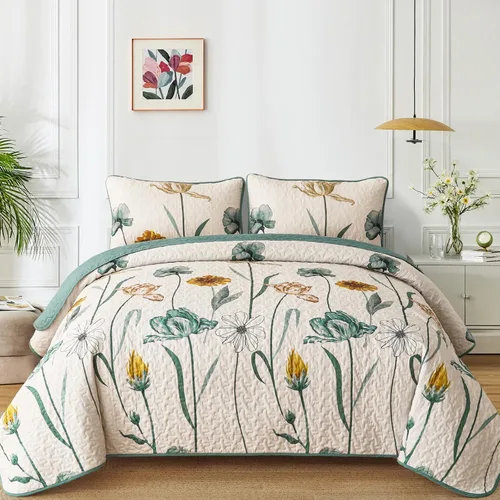 Miniatura 9 de WONGS BEDDING - Juego de edredón floral tamaño Queen, edredón botánico verde y amarillo con 2 fundas de almohada, juego de ropa de cama ligera