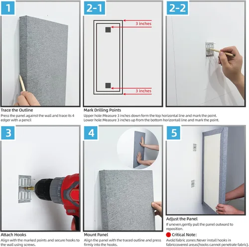 Miniatura 8 de Art3dwallpanels 4 PCS Paneles Acústicos, 24''x12'' Paneles de Pared de Tela Insonorizados, Paneles de Absorción de Sonido de Montaje Fácil con Gris