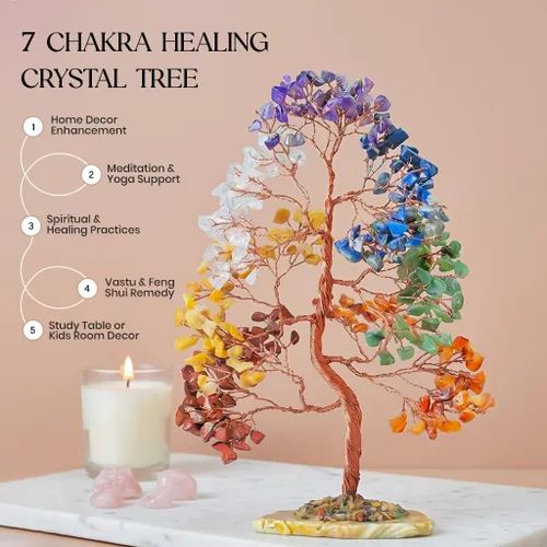 Miniatura 2 de Crocon® Árbol de la vida de 7 chakras, sabiduría espiritual, base de rodajas de ágata, árbol de cristal hecho a mano para energía positiva