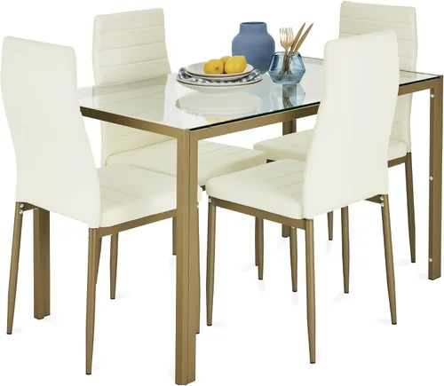 Best Choice Products 5 piezas Juego de mesa de comedor de vidrio, muebles modernos para mesa de cocina para comedor, dinette, ahorro de espacio