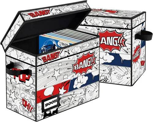 Miniatura 33 de Paquete de 2 cajas de almacenamiento para cómics, colección de 40 cm x 20 cm x 30 cm, plegable, contenedor organizador para 160-180 cómics, estante