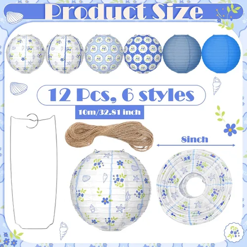 Miniatura 2 de Rossesay 12 faroles de papel costeros azules de 8 pulgadas, farol colgante de flores azules para interiores y exteriores, decoración náutica