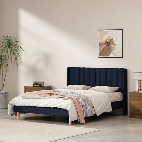 Miniatura 29 de Base de cama Queen con cabecero, base de cama de plataforma con respaldo de terciopelo vertical copetudo, soporte de listones de madera, no necesita
