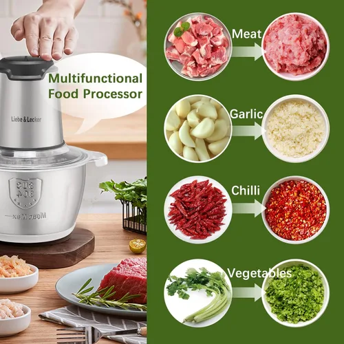 Miniatura 2 de Liebe&Lecker Procesador de alimentos, picadora de carne con 1 tazón de 8 tazas, picadora eléctrica de alimentos con 4 cuchillas afiladas grandes