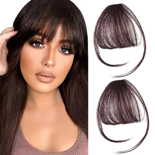 Miniatura 10 de 2 piezas de flequillo con clip de cabello humano real, flequillo falso con clip para el cabello para mujeres, flequillo tenue curvado con postizos