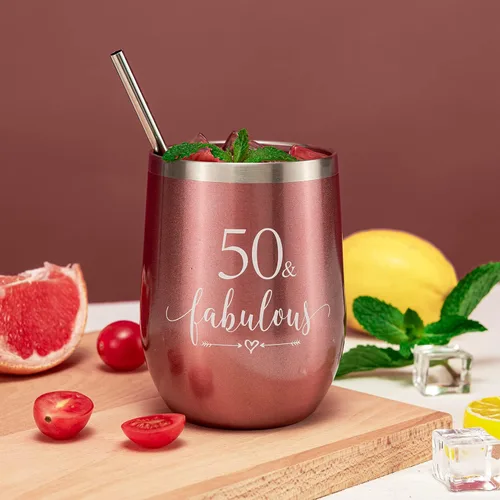 Miniatura 5 de Crisky Vaso de vino de oro rosa 50 y fabuloso para mujer, regalo de cumpleaños 50 para mujeres, esposa, mamá, hermana, tía, amigas, compañera