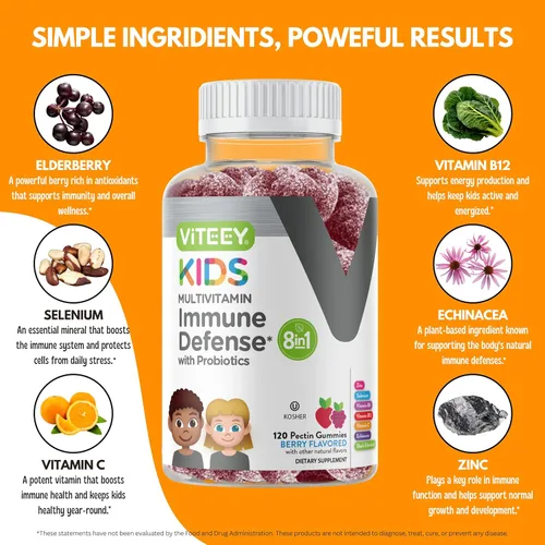 Miniatura 4 de Viteey Gomitas multivitamínicas para niños con probióticos, 8-1 vitaminas para niños para apoyo a la salud inmunológica con vitamina C, D3, B12, B6