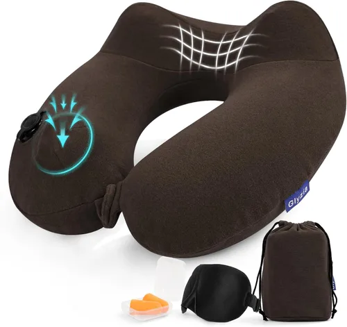 Miniatura 10 de Paquete de 2 almohadas inflables de viaje para el cuello para aviones, almohadas de cuello de terciopelo para adultos para vuelo largo, kit