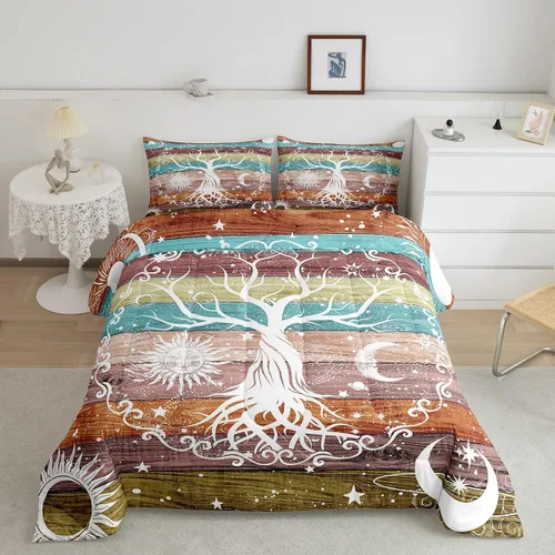 Miniatura 26 de Erosebridal Juego de ropa de cama de polilla de la muerte, juego de edredón bohemio de 3 piezas con diseño de árbol de la vida, edredón elegante