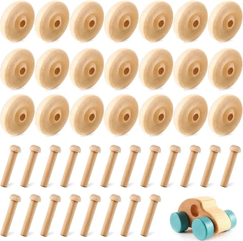 Civaner Paquete de 36 Ruedas de Madera de Juguete para Manualidades Mini Ruedas de Madera para Manualidades con Clavijas de Eje para Manualidades