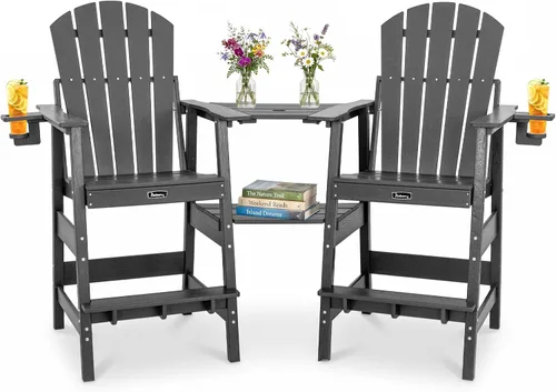 Miniatura 12 de FUNBERRY Juego de 2 sillas altas Adirondack con mesa de conexión extraíble, silla de balcón alta para todo tipo de clima con portavasos 2