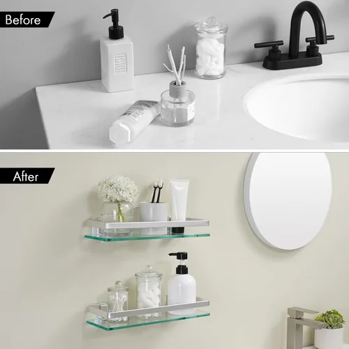 Miniatura 2 de KES Estantes de vidrio para baño, estantes flotantes de vidrio templado de 14 pulgadas de aluminio extra grueso, paquete de 2 organizadores