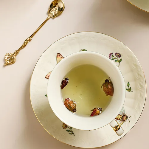 Miniatura 5 de Juego de taza de té y platillo de porcelana, taza de café de cerámica de 8.5 onzas líquidas con platillo y cuchara, taza de café vintage con ribete