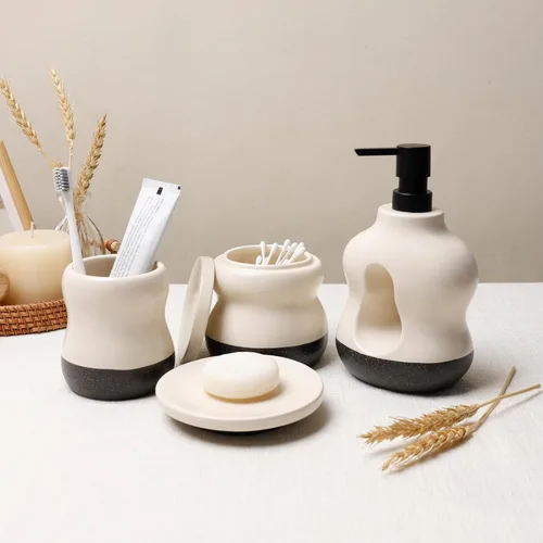 Miniatura 5 de BosilunLife Juego de 4 accesorios de baño de cerámica, dispensador de jabón hueco ondulado y artículos esenciales de tocador, beige de dos tonos