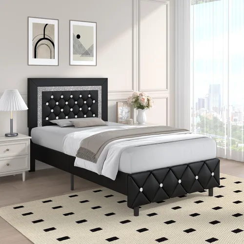 Miniatura 3 de Base de cama individual, plataforma de piel sintética con cabecera tapizada de diamante, base de colchón con fuerte soporte de listones de madera