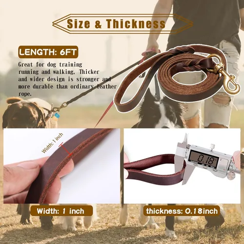 Miniatura 3 de Correa de cuero para perro de 6 x 1 pulgada, correa trenzada de cuero genuino fuerte y resistente, suave y cómoda para perros grandes, perros Marrón