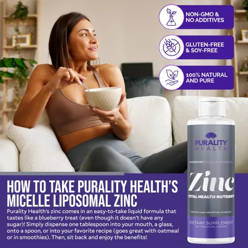 Miniatura 6 de Purality Health Zinc liposomal de 15 mg por porción para apoyo inmunológico - Suplemento de zinc líquido con vitamina E - Bisglicinato de alta