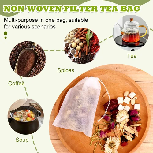 Miniatura 3 de WALWAL 100 bolsas de té desechables para té de hojas sueltas, bolsas de filtro de té biodegradables con cordón, bolsas infusoras de té de fibra