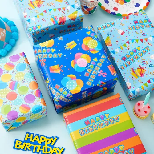 Miniatura 9 de PlandRichW Papel de regalo de cumpleaños, 4 divertidos diseños de fiesta, globos, arcoíris, cupcakes, confeti, plegado de 20 x 29 pulgadas, 12