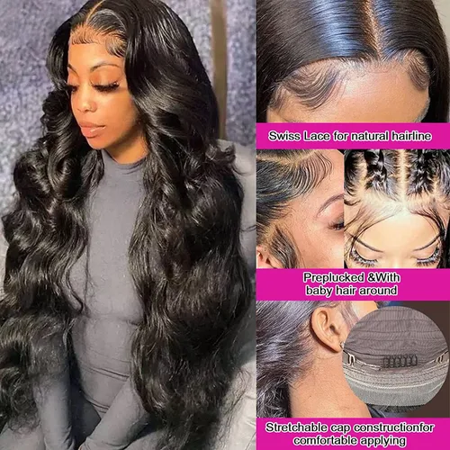Miniatura 3 de Aicrelery Pelucas de encaje frontal 13x6 de cabello humano para mujeres, onda corporal 13x6, encaje frontal HD 180 de densidad, brasileña, sin