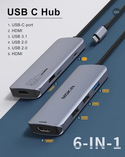 Miniatura 2 de Estación de acoplamiento USB C a adaptador HDMI dual, MOKiN USB C Hub Dual HDMI Monitores para Windows, adaptador USB C con HDMI dual, 3 puertos