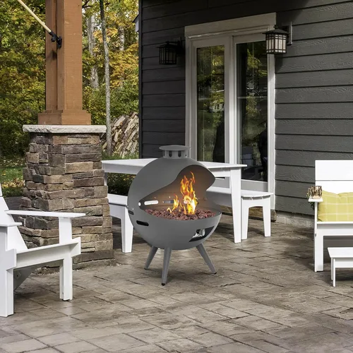 Miniatura 3 de Chimenea de gas exterior de 24 pulgadas, fogata de propano de 55,000 BTU con rocas de lava y cubierta de lluvia, hoguera semiesférica de 3 patas