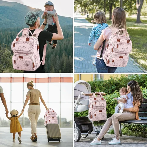 Miniatura 2 de Legestori Mochila Bolsa de Pañales, Bolsa de Pañales para Bebé Niña con Bolsillos Aislados y Correas para Cochecito, Rosa, Grande, Mochila
