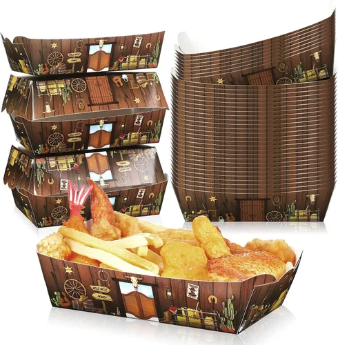 Hoolerry 200 unidades de decoraciones para fiestas occidentales, bandejas de papel de vaquero de 1 libra, botes de comida desechables para