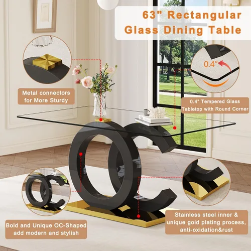 Miniatura 4 de Juego de mesa de comedor de cristal de 63 pulgadas para 6, juego de mesa de comedor moderno para 6, mesa de vidrio templado con patas negras